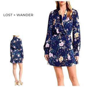 New. Lost And Wander navy floral wrap dress. XS. Retails $98